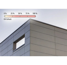 Hausfassade mit modernen Platten und einer Anzeige für einhundert Prozent UV-Schutz.