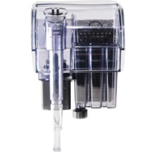 Transparenter Rucksackfilter für Aquarien mit Ansaugrohr und Filterkammer.