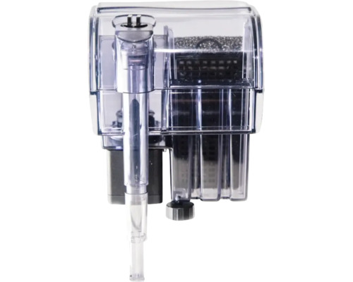 Transparenter Rucksackfilter für Aquarien mit Ansaugrohr und Filterkammer.