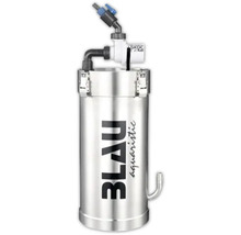 Blau Aquaristic Edelstahl-Außenfilter für Aquarien, inklusive Pumpe und Anschlüssen.