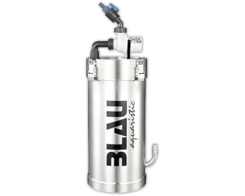 Blau Aquaristic Edelstahl-Außenfilter für Aquarien, inklusive Pumpe und Anschlüssen.