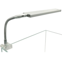 LED-Aquarienleuchte mit flexiblem Schwanenhals und Klemmbefestigung am Glasrand eines Aquariums.