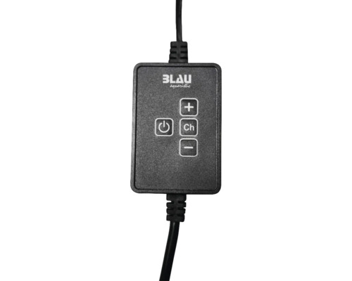 Blau aquaristic Controller für Aquariumbeleuchtung mit Power-, Plus-, Minus- und Channel-Tasten.