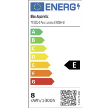 Energielabel der Europäischen Union für Blau Aquaristic Pico Lumina 8 RGB+W, Energieeffizienzklasse E, 8 Kilowattstunden pro 1000 Stunden.