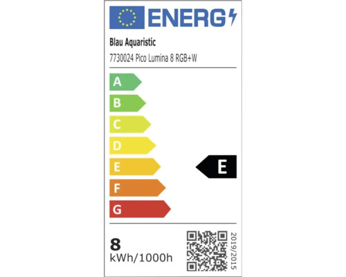 Energielabel der Europäischen Union für Blau Aquaristic Pico Lumina 8 RGB+W, Energieeffizienzklasse E, 8 Kilowattstunden pro 1000 Stunden.