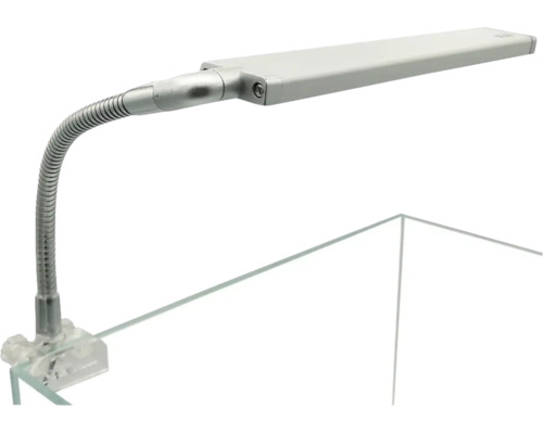 LED-Aquarienleuchte mit flexiblem Schwanenhals und Klemmbefestigung am Glasrand eines Aquariums.