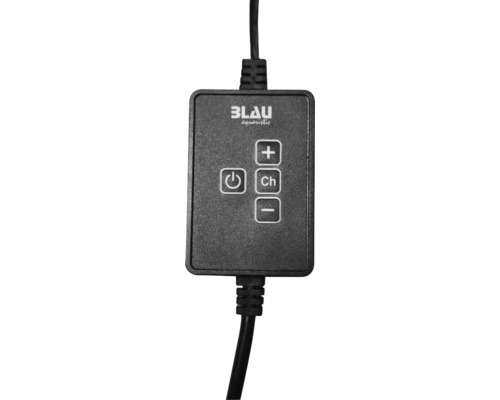 BLAU aquaristic Controller für Aquarienbeleuchtung mit Tasten für Ein und Aus, Plus, Minus und Kanalwahl.