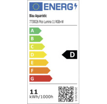 EU-Energielabel für Blau Aquaristic 7730026 Pico Lumina 11 RGB plus W, Energieeffizienzklasse D, Verbrauch 11 Kilowattstunden pro 1000 Stunden.