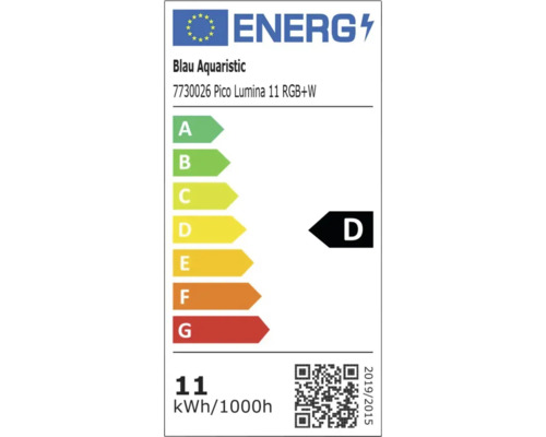 EU-Energielabel für Blau Aquaristic 7730026 Pico Lumina 11 RGB plus W, Energieeffizienzklasse D, Verbrauch 11 Kilowattstunden pro 1000 Stunden.