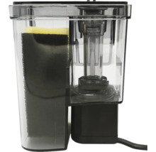 Transparenter Aquarienfilter mit schwarzem Filterschwamm und integrierter Pumpe.