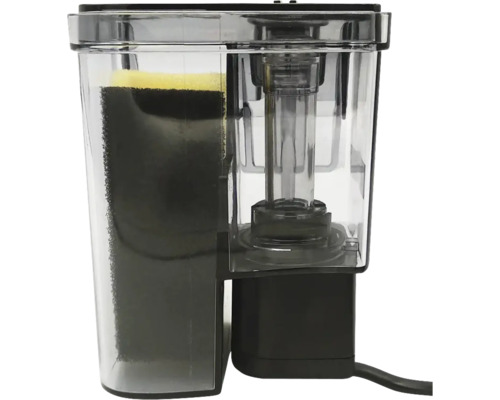 Transparenter Aquarienfilter mit schwarzem Filterschwamm und integrierter Pumpe.