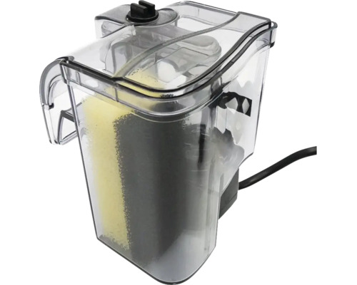 Transparenter Aquarium-Rucksackfilter mit gelbem und schwarzem Filterschwamm sowie Stromkabel.