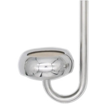 Verchromter Halter für Badezimmer-Zubehör an einem geschwungenen Metallrohr.