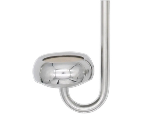 Verchromter Halter für Badezimmer-Zubehör an einem geschwungenen Metallrohr.