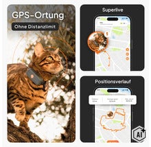 GPS-Tracker für Katzen mit App-Darstellung: Live-Ortung ohne Distanzlimit und Positionsverlauf auf dem Smartphone. (Image AI modified or generated)