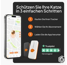 Anleitung für Weenect GPS-Tracker: Tracker kaufen, Abonnement wählen, App herunterladen. Mit Smartphone-App und Trustpilot Logo. (Image AI modified or generated)