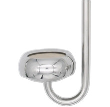 Verchromte Halterung für Badezimmer-Zubehör an einer gebogenen Metallstange.