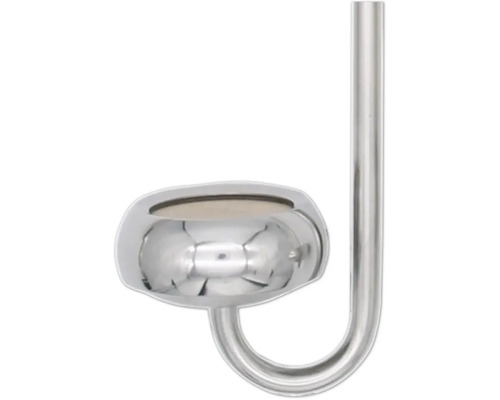 Verchromte Halterung für Badezimmer-Zubehör an einer gebogenen Metallstange.