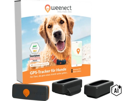 Weenect XS GPS-Tracker für Hunde Black Edition mit Schutzhüllen und Verpackung. (Image AI modified or generated)