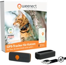 Weenect XS GPS-Tracker für Katzen, inklusive Silikonhülle und Halsband, neben der Produktverpackung. (Image AI modified or generated)