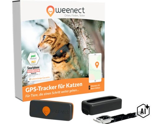 Weenect XS GPS-Tracker für Katzen, inklusive Silikonhülle und Halsband, neben der Produktverpackung. (Image AI modified or generated)