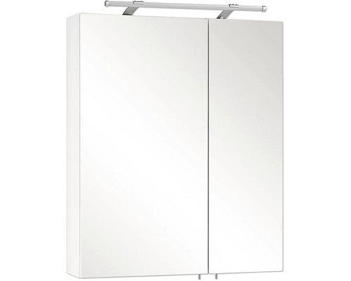 Zweitüriger Spiegelschrank mit LED-Aufsatzleuchte für das Badezimmer.