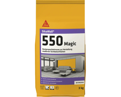SikaWall 550 Magic Designspachtelmasse, 3 Kilogramm, Betongrau, zur Herstellung moderner Sichtbetonflächen im Innenbereich.