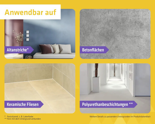 Anwendbar auf festen Altanstrichen, Betonflächen, keramischen Fliesen und fest verbundenen Polyurethanbeschichtungen.
