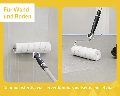 Farbroller beim Auftragen von Grundierung auf eine Wand und einen Boden. Für Wand- und Bodenflächen geeignet.