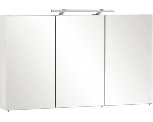 Dreitüriger Spiegelschrank fürs Badezimmer mit integrierter LED-Aufsatzleuchte.
