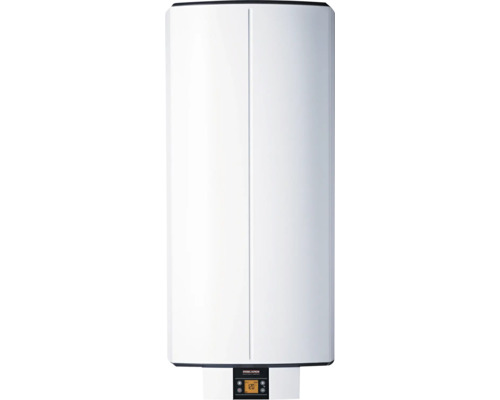 Weißer Stiebel Eltron elektronischer Warmwasserspeicher, vertikales Design, mit Digitalanzeige und Stiebel Eltron Logo.