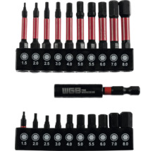 WGB Bit-Set mit roten und schwarzen Innensechskant-Bits in zwei Längen, Größen 1,5 bis 8,0 Millimeter, inklusive Bithalter. WGB The Werkzeug Logo.