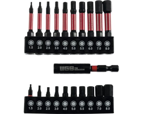 WGB Bit-Set mit roten und schwarzen Innensechskant-Bits in zwei Längen, Größen 1,5 bis 8,0 Millimeter, inklusive Bithalter. WGB The Werkzeug Logo.