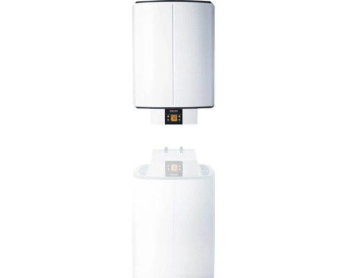 Stiebel Eltron elektronischer Warmwasserspeicher in Weiß mit Digitalanzeige und Tasten für Wandmontage oder Bodenaufstellung.