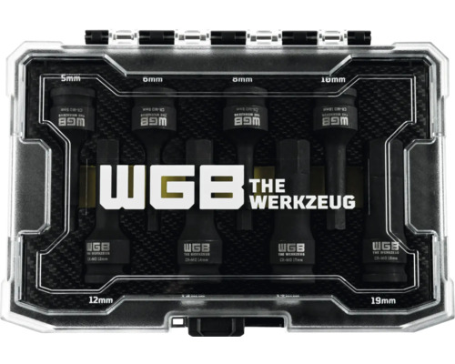 WGB Schlagschrauber-Einsatzset mit acht Innensechskant-Bits von fünf bis neunzehn Millimeter in einer Kunststoffkassette.