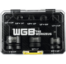 WGB THE WERKZEUG Steckschlüssel-Adapter-Satz, achtteilig, aus Chrom-Vanadium- und Chrom-Molybdän-Stahl in einer Kunststoffbox.