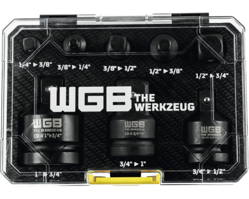 WGB THE WERKZEUG Steckschlüssel-Adapter-Satz, achtteilig, aus Chrom-Vanadium- und Chrom-Molybdän-Stahl in einer Kunststoffbox.