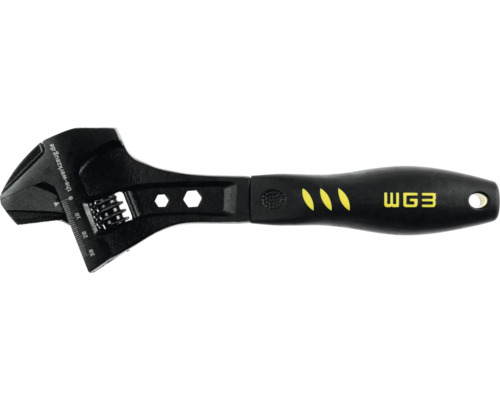 Verstellbarer Rollgabelschlüssel aus schwarzem Metall mit ergonomischem Griff, eingravierter Messskala und WG3 Logo.