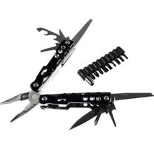 Multifunktionswerkzeug aus Metall mit Zange, Messer, Säge und einem Bit-Set.