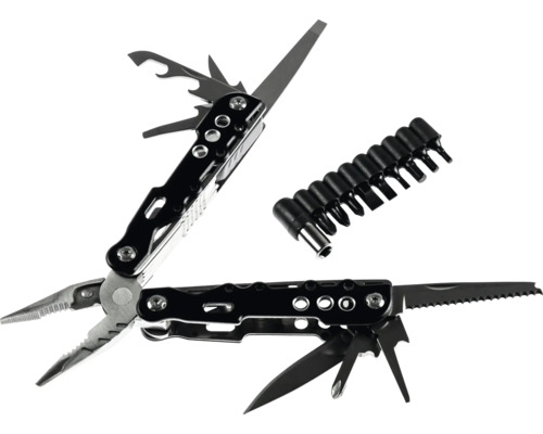 Multifunktionswerkzeug aus Metall mit Zange, Messer, Säge und einem Bit-Set.