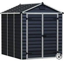Gerätehaus aus Kunststoff mit Doppeltür und Satteldach zur Gartenaufbewahrung (Image AI modified or generated)