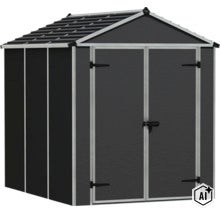 Gerätehaus aus Kunststoff mit Doppeltür und Satteldach für die Aufbewahrung von Gartengeräten im Außenbereich (Image AI modified or generated)