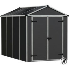 Gerätehaus aus Kunststoff mit Satteldach und Doppeltür zur sicheren Aufbewahrung von Gartengeräten. (Image AI modified or generated)