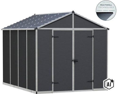 Gartenhaus aus Kunststoff mit Satteldach und Doppeltüren mit Mehrwandtechnologie für hohe Stabilität. (Image AI modified or generated)