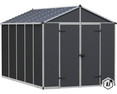 Gartenhaus aus Kunststoff mit Satteldach und Doppeltür für die Lagerung von Gartengeräten (Image AI modified or generated)