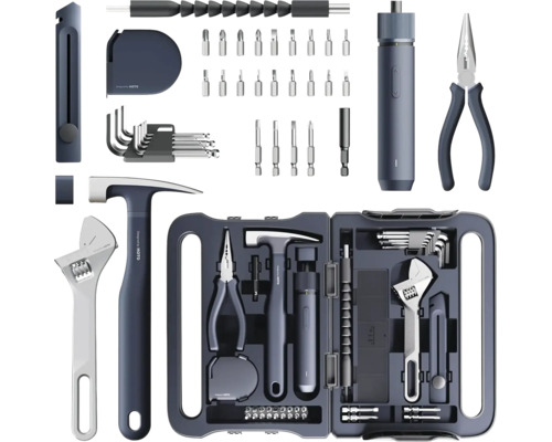 HOTO Werkzeugkoffer Set mit Hammer, Zange, Schraubendreher und Bits im Kunststoffkoffer fuer Heimwerker.