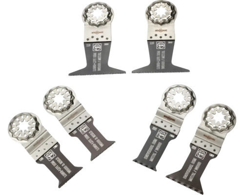 Sechsteiliges Fein Starlock E-Cut Sägeblatt Set aus Bimetall für Holz und Metall.