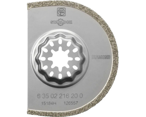 Fein Logo auf einem halbrunden Diamant-Sägeblatt für Multifunktionswerkzeuge mit Starlock-Aufnahme.