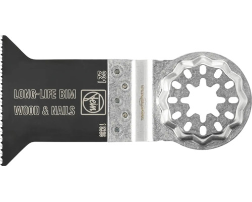 Fein E-Cut Long-Life Bimetall-Sägeblatt für Holz und Nägel mit Starlock-Aufnahme. Fein Logo.