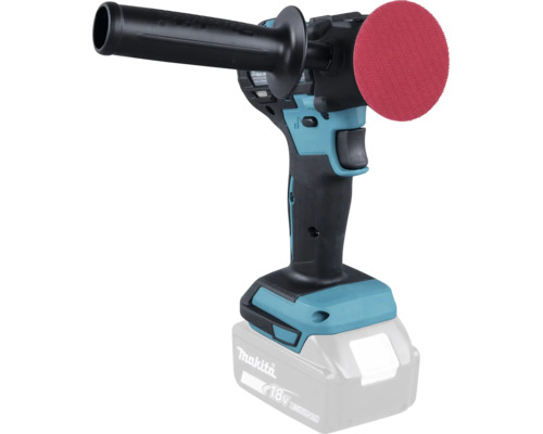 Makita 18 Volt Akku-Schleifer und -Polierer mit Zusatzgriff, kreisförmigem Schleifblatt und 18 Volt Lithium-Ionen Akku.
